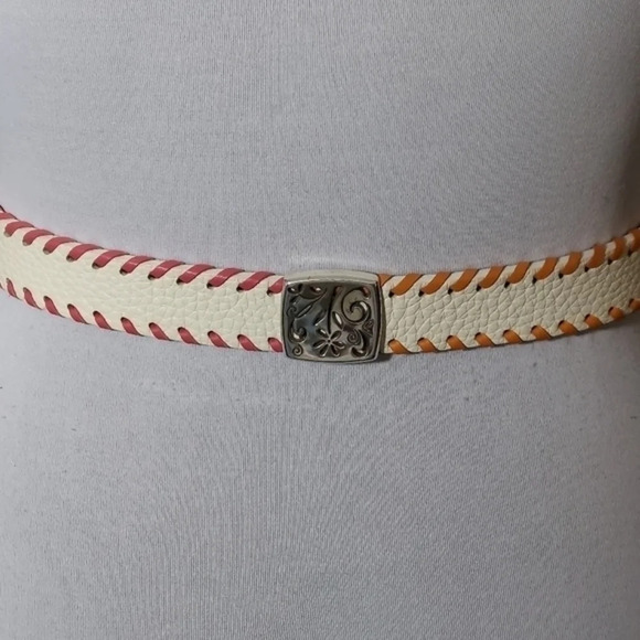 Brighton White Leather Belt Whipstitched‎ with various colors silver hard S/M - Picture 4 of 9